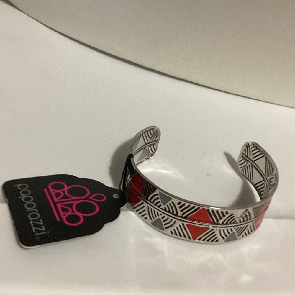 Paparazzi Silver and Red Geometric Cuff Bracelet